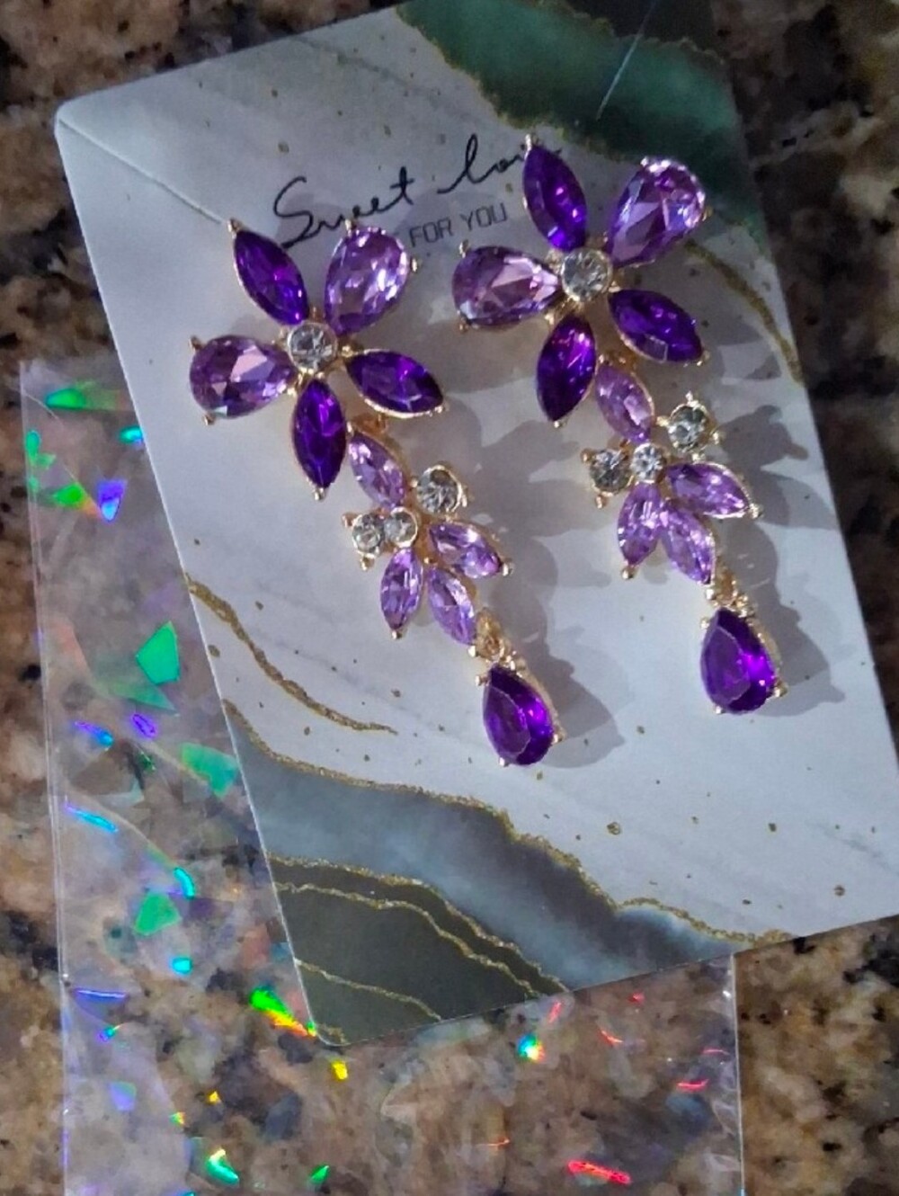 $8 Each Or Bundle 5/$20 Elegant Purple & Gold Crystal Floral Drop Earrings
